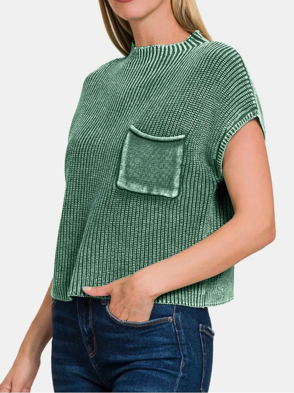 Zenana Washed Mock Neck Short Sleeve Green Sweater Size S/M